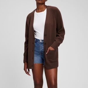 Gap Boyfriend Pocket Cardigan Sweater Espresso Brown Cotton XL Knit Pockets